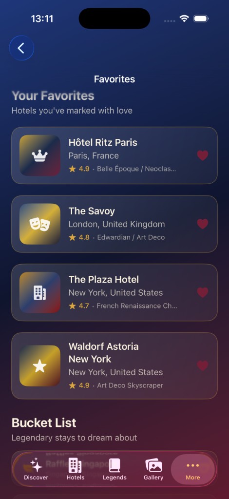 GrandTower favorites screen